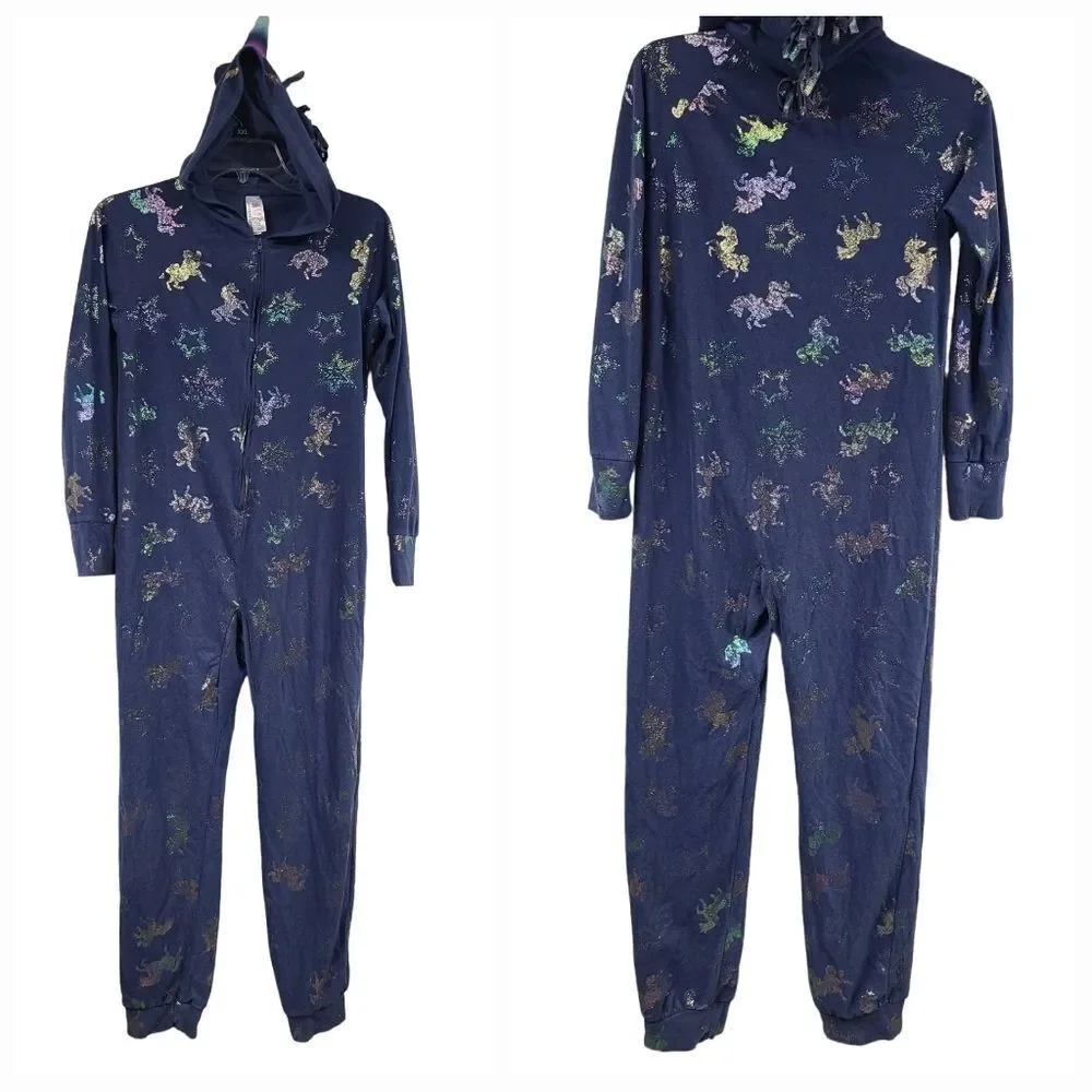 Justice Unicorn Hooded Onesie Girls 12 Navy Fleece Union Suit Footless Pajamas